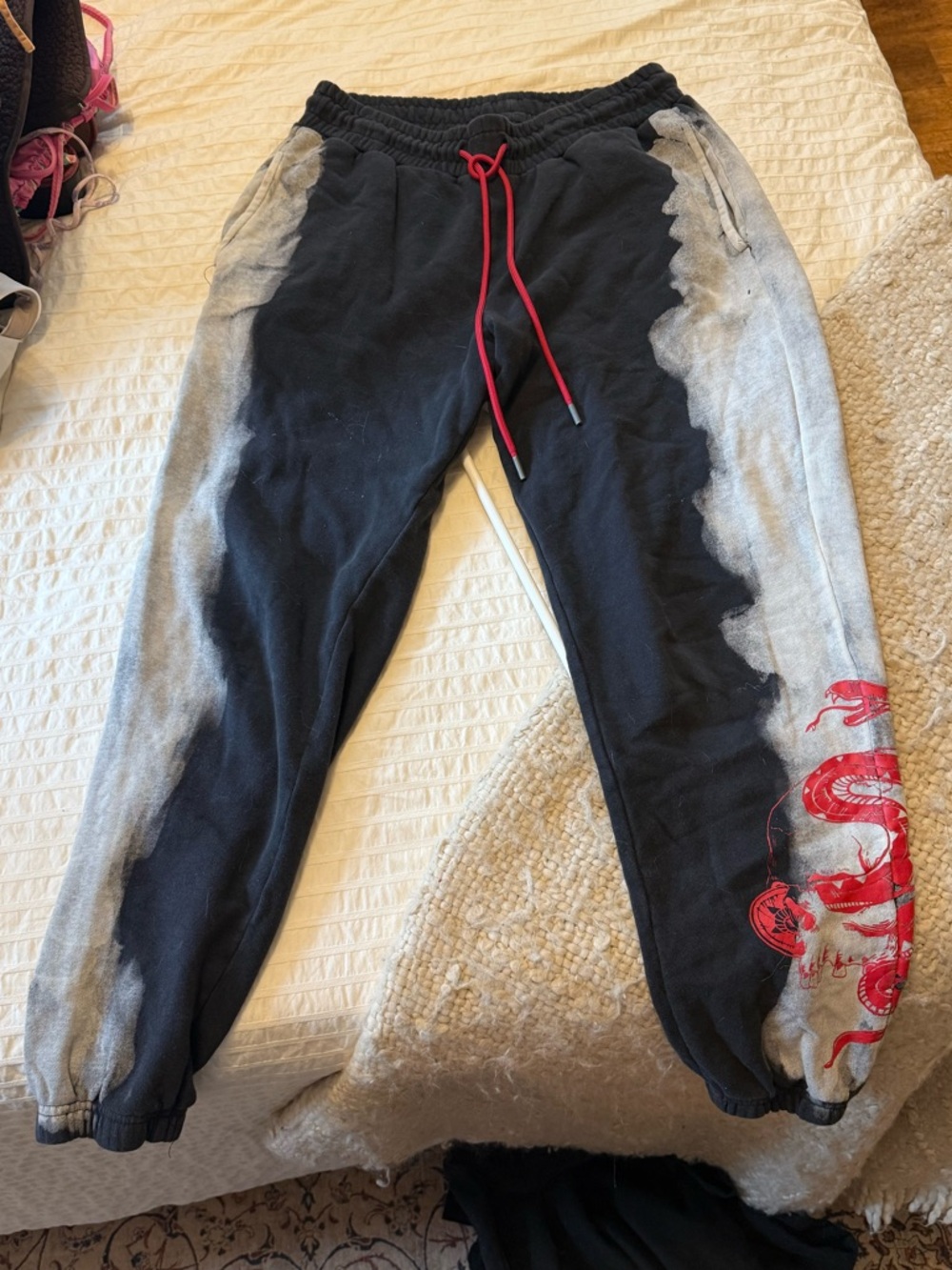 Fashion nova Black & Gray Tie-Dye Sweatpants with Red Dragon Graphic